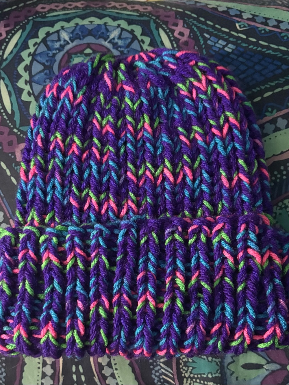 Multicolor Knit Beanie Hat - Purple